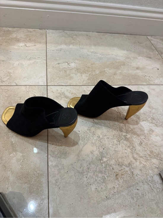 Tory Burch Shoes - Tory Burch Black Suede Mules with Gold Heel